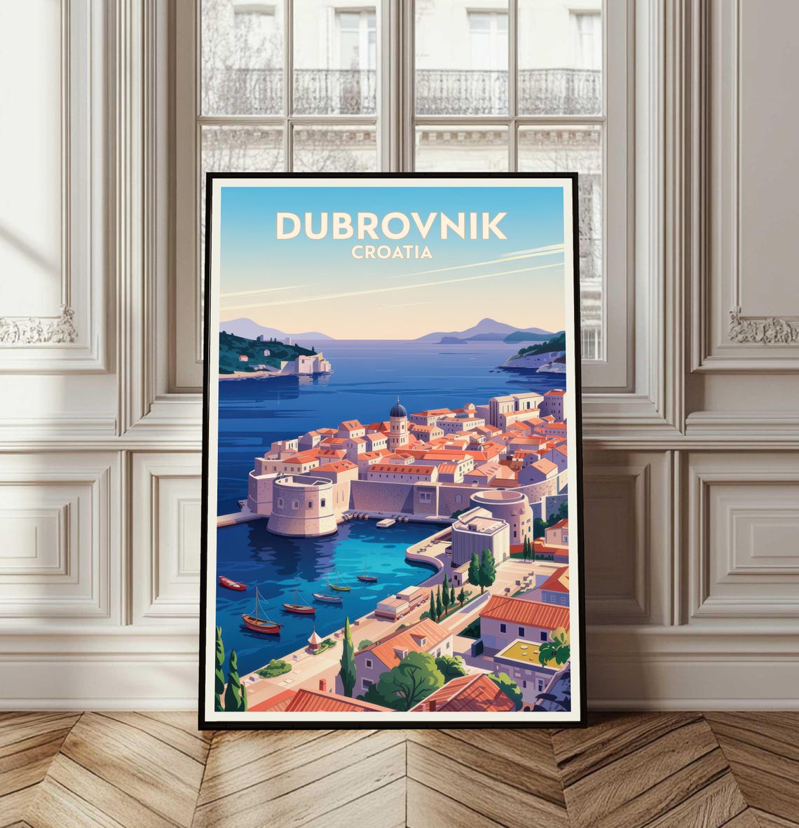 Dubrovnik Croatia Vintage Travel Poster Harbor Old Town Walls Scene