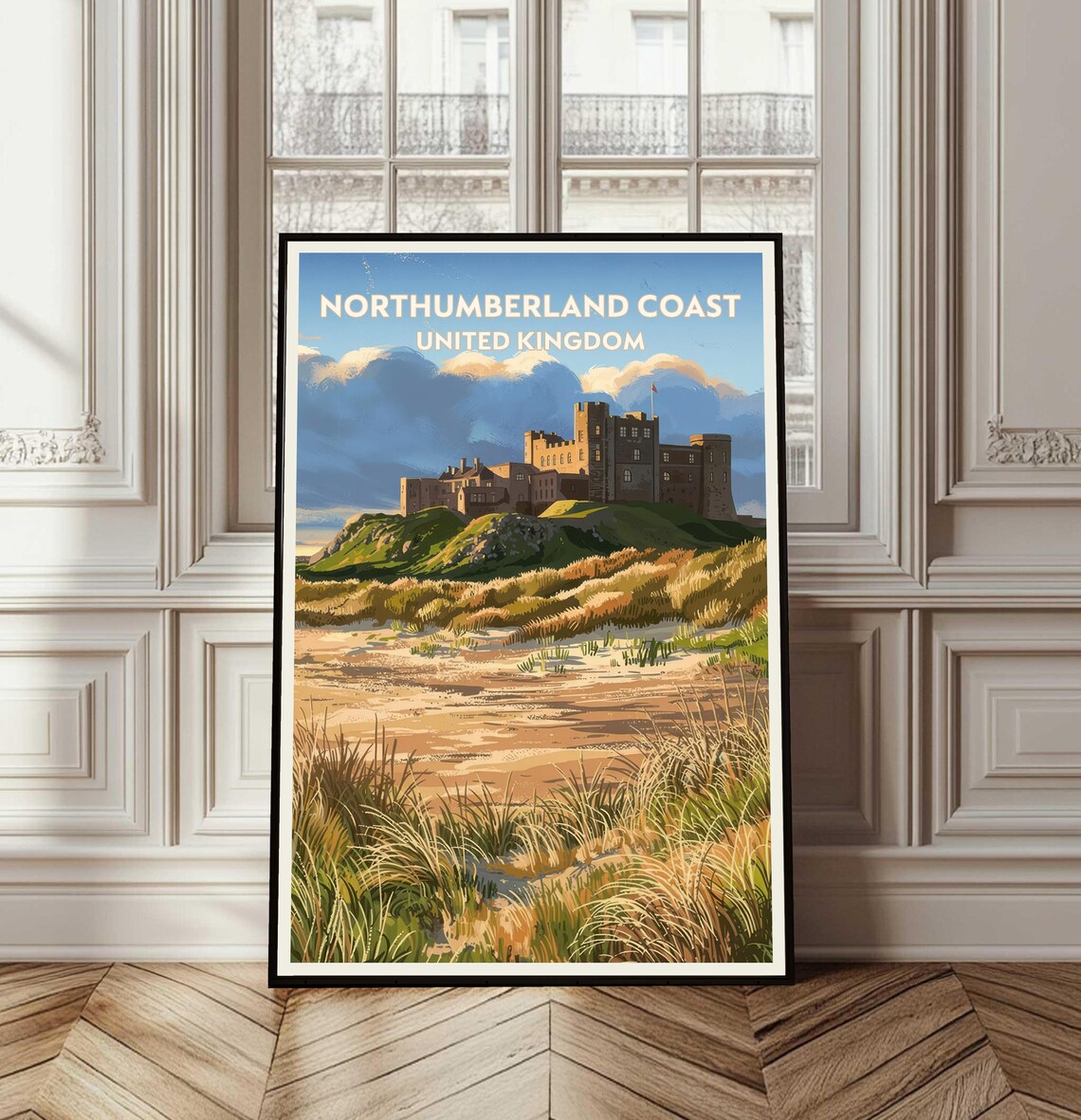 Northumberland Coast Castle Beach Dunes Vintage Travel Poster