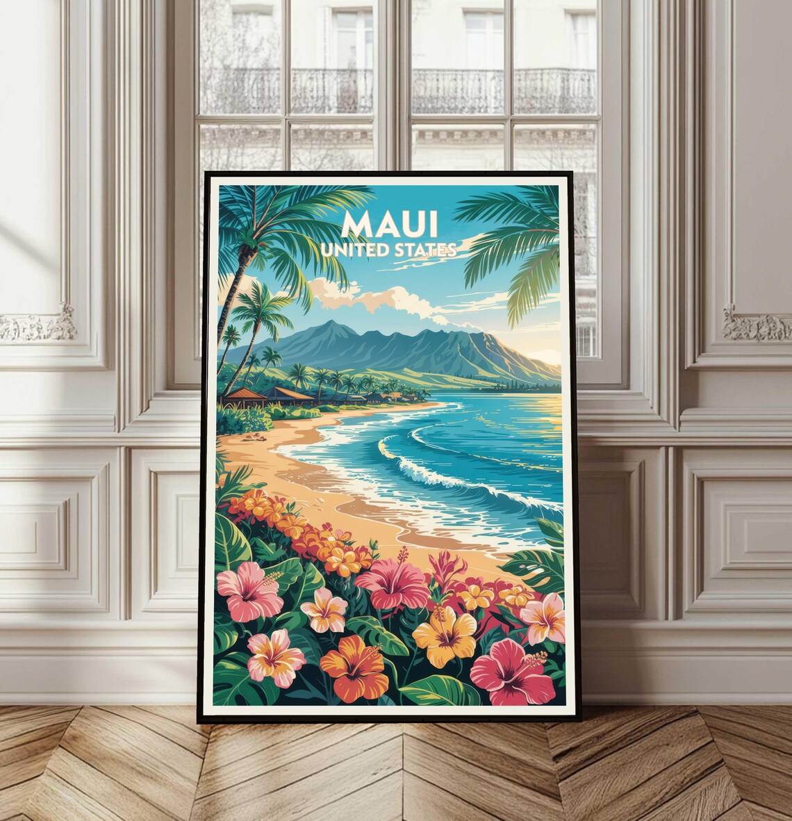 Maui United States Tropical Beach Vintage Travel Poster Hibiscus