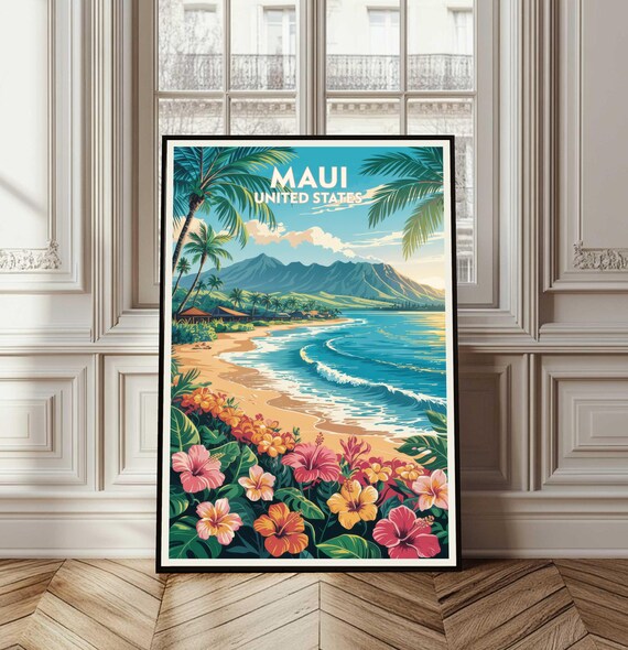 Maui United States Tropical Beach Vintage Travel Poster Hibiscus