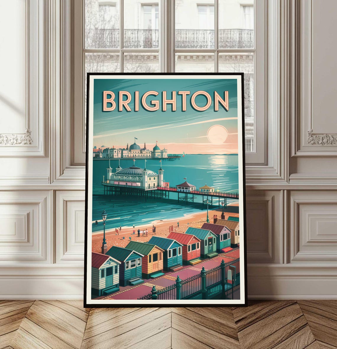 Brighton England Vintage Travel Pier Beach Huts Seaside View Poster