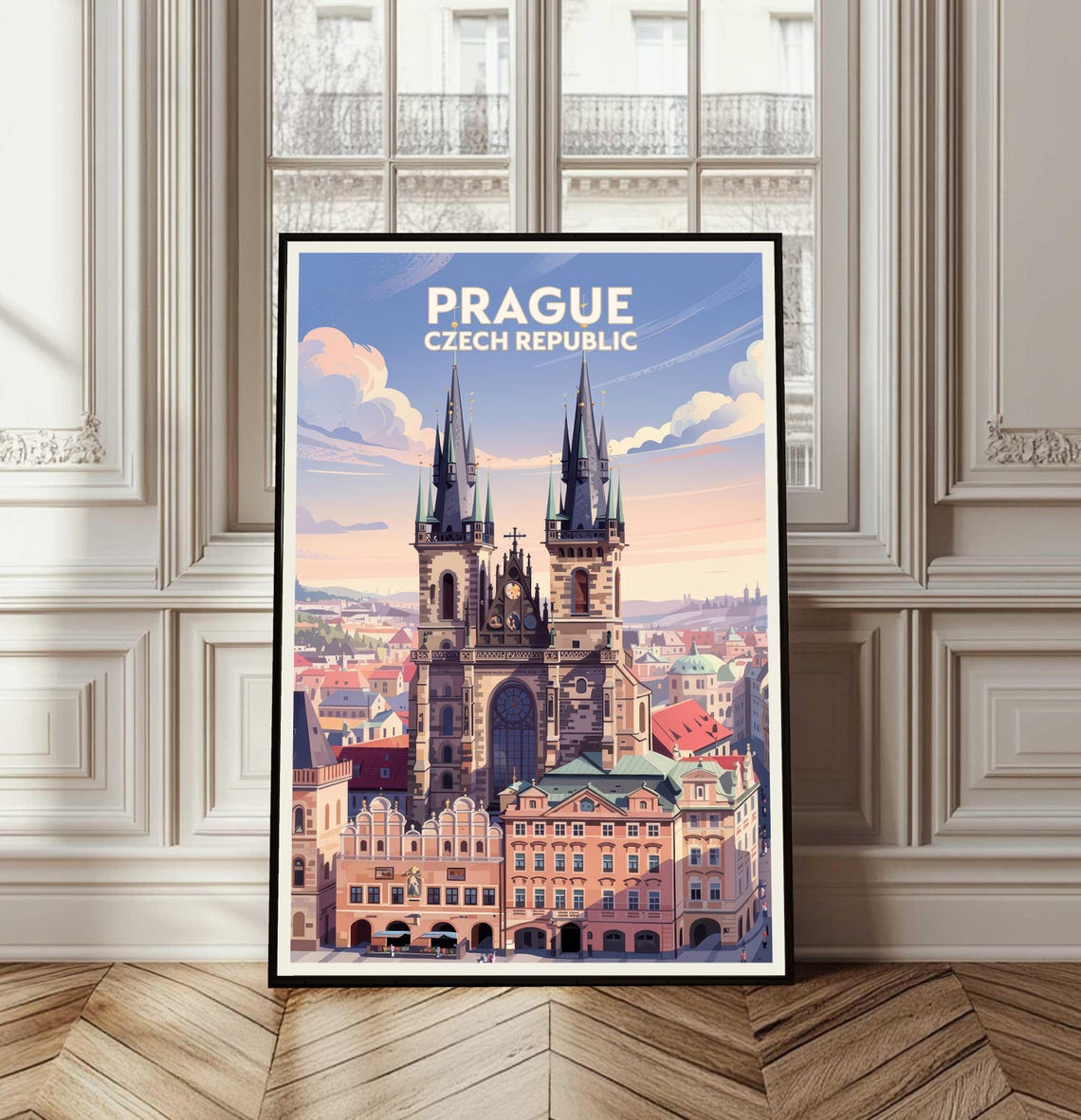 Prague Czech Republic Vintage Travel Poster Gothic Church Old Town