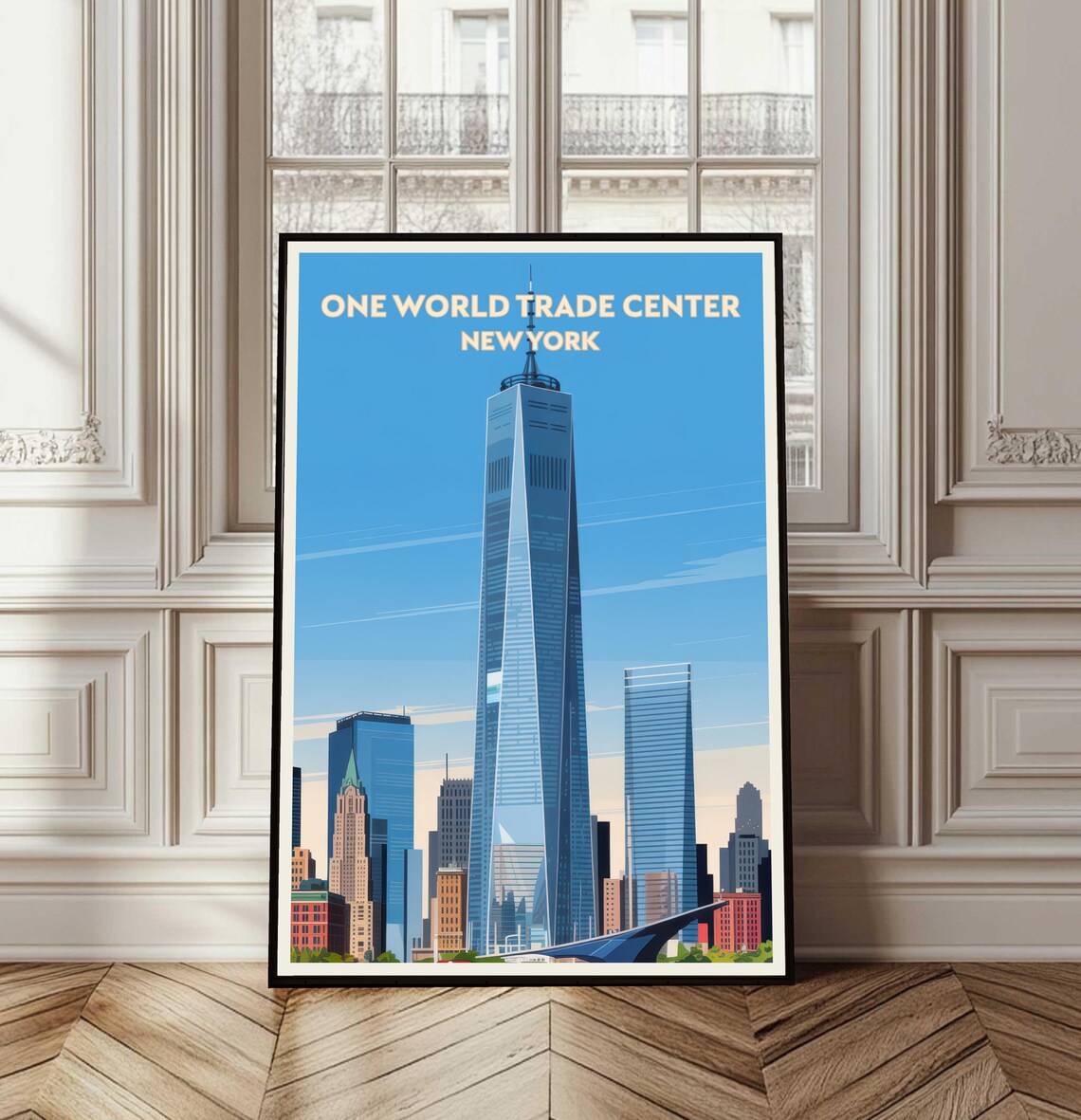One World Trade Center New York Vintage Travel Poster Skyline Night