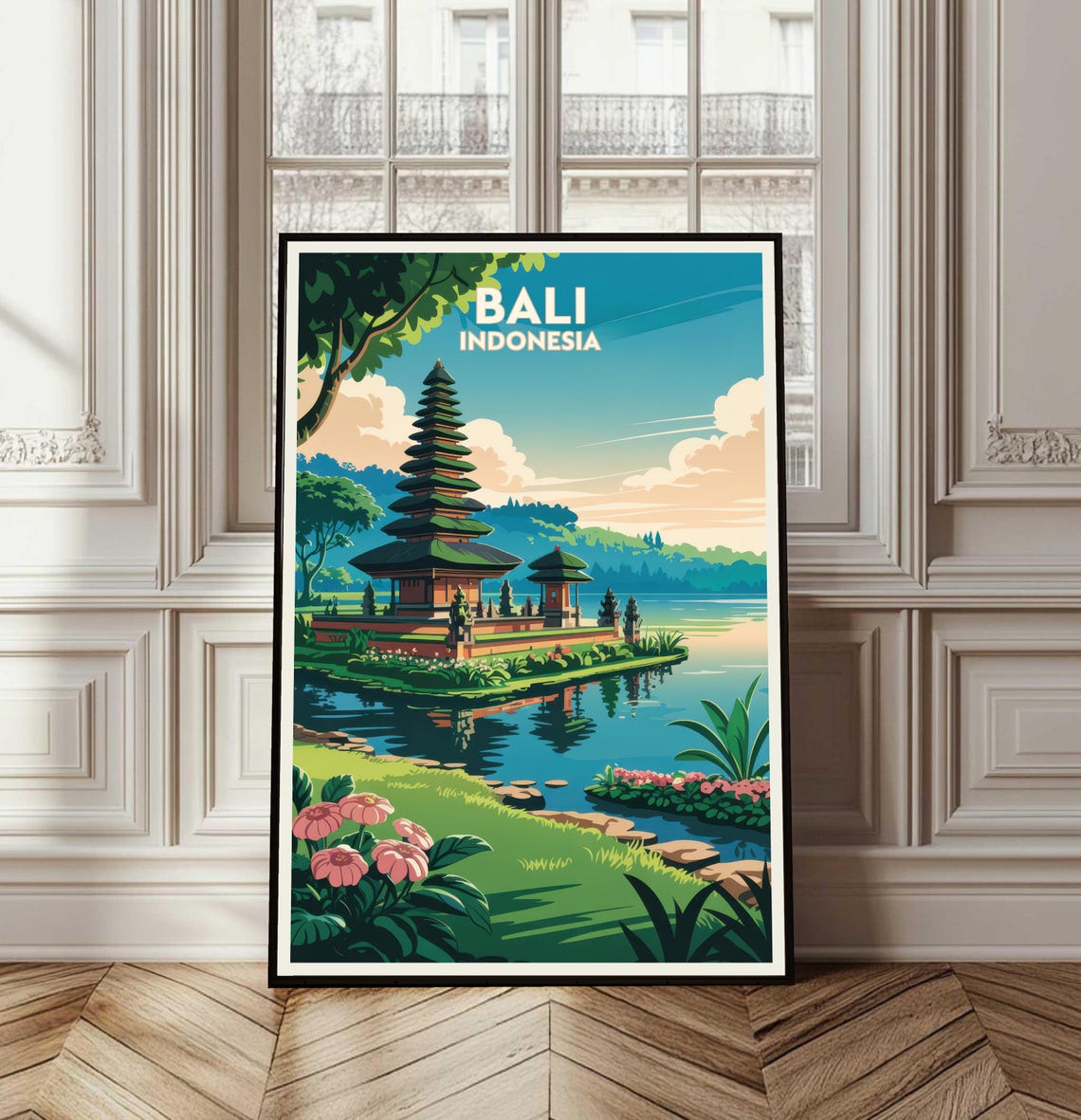 Bali Indonesia Serene Lakeside Temple Gardens Vintage Travel Poster