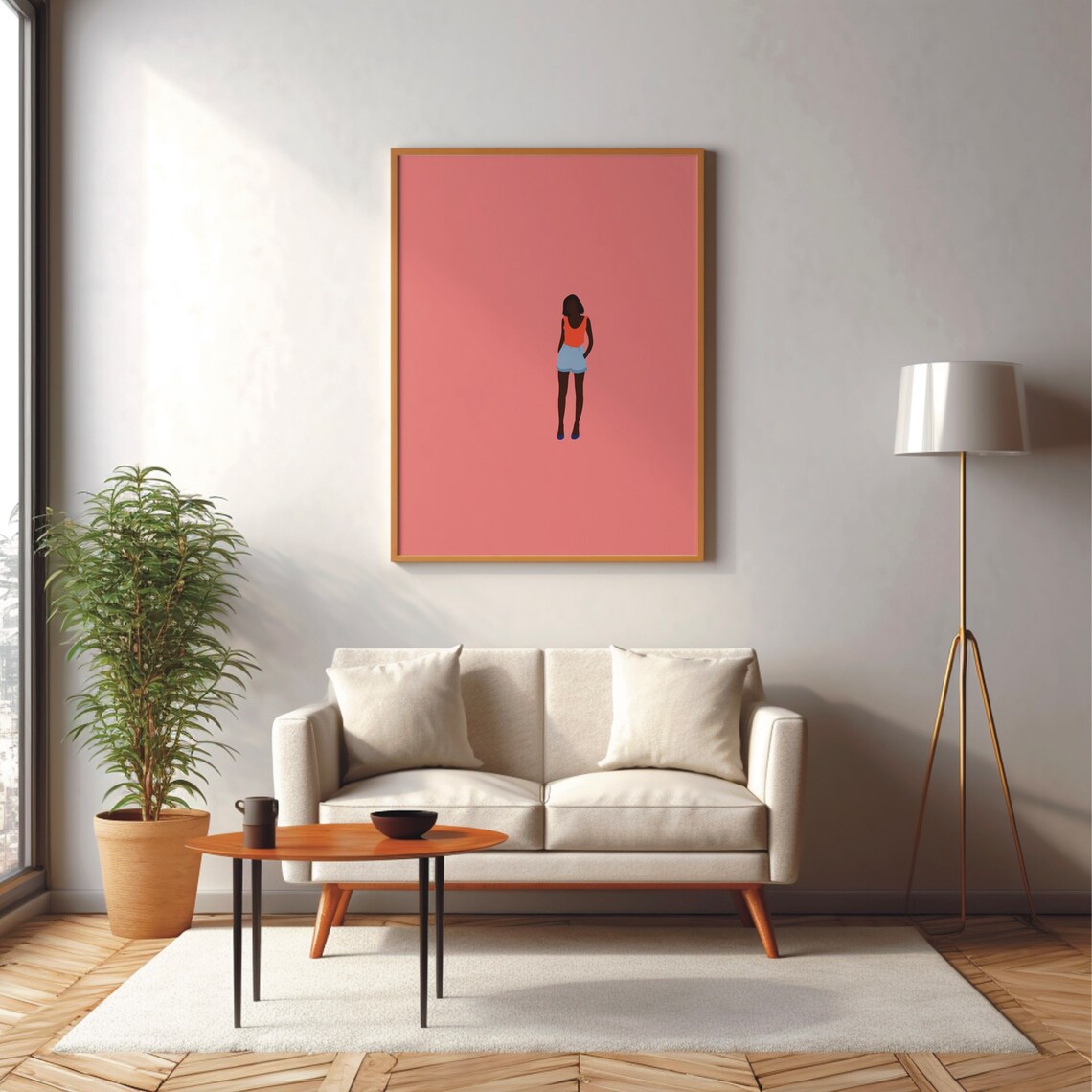 Minimalist Standing Woman Figure on Coral Pink Background Art Poster - Image 2