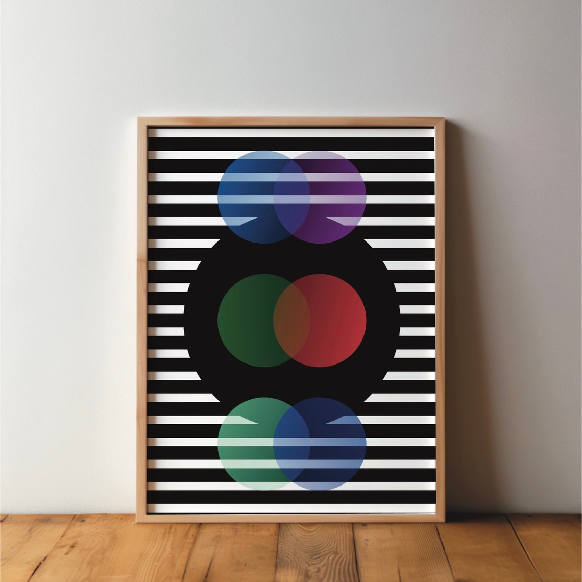Translucent Color Circles Over Black Striped Op Art Style Poster