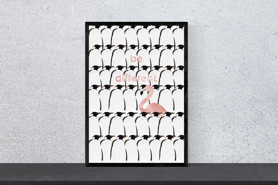 Be Different Flamingo And Penguin Poster Print