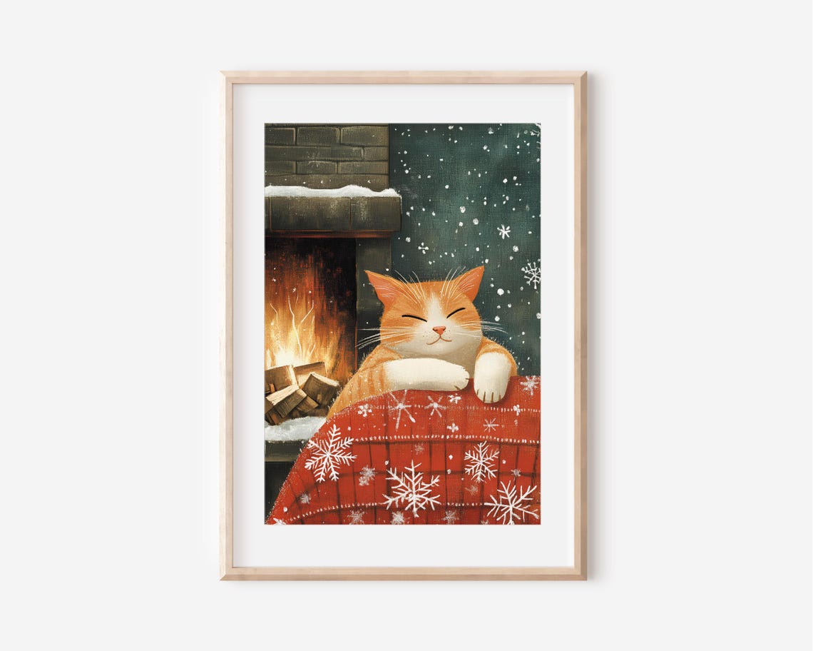 Sleepy Ginger Cat by Fireplace Christmas Snowflake Holiday Poster
