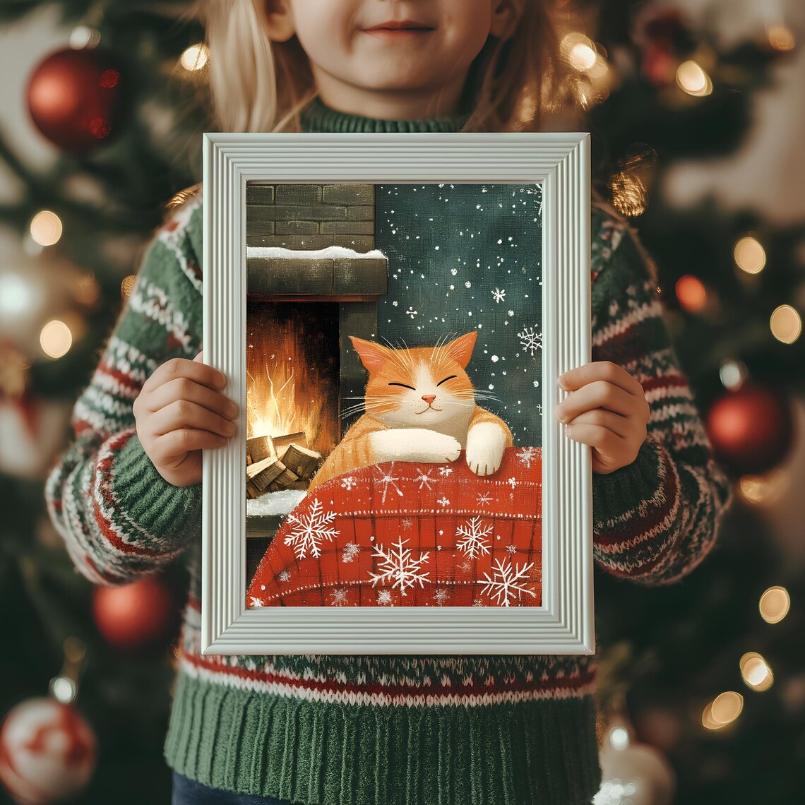 Sleepy Ginger Cat by Fireplace Christmas Snowflake Holiday Poster - Image 4