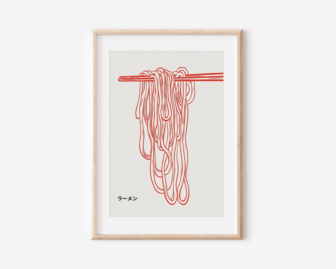 Red Ramen Noodle Chopsticks Minimalist Japanese Line Art Poster