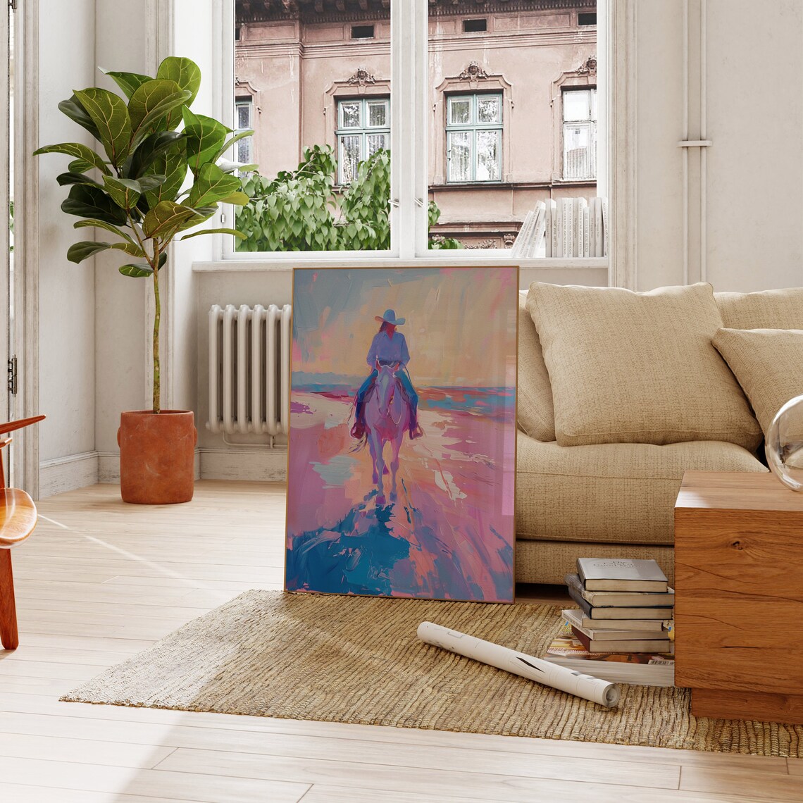 Pastel Cowgirl Riding Toward the Ocean at Sunset Painting Poster - Image 3