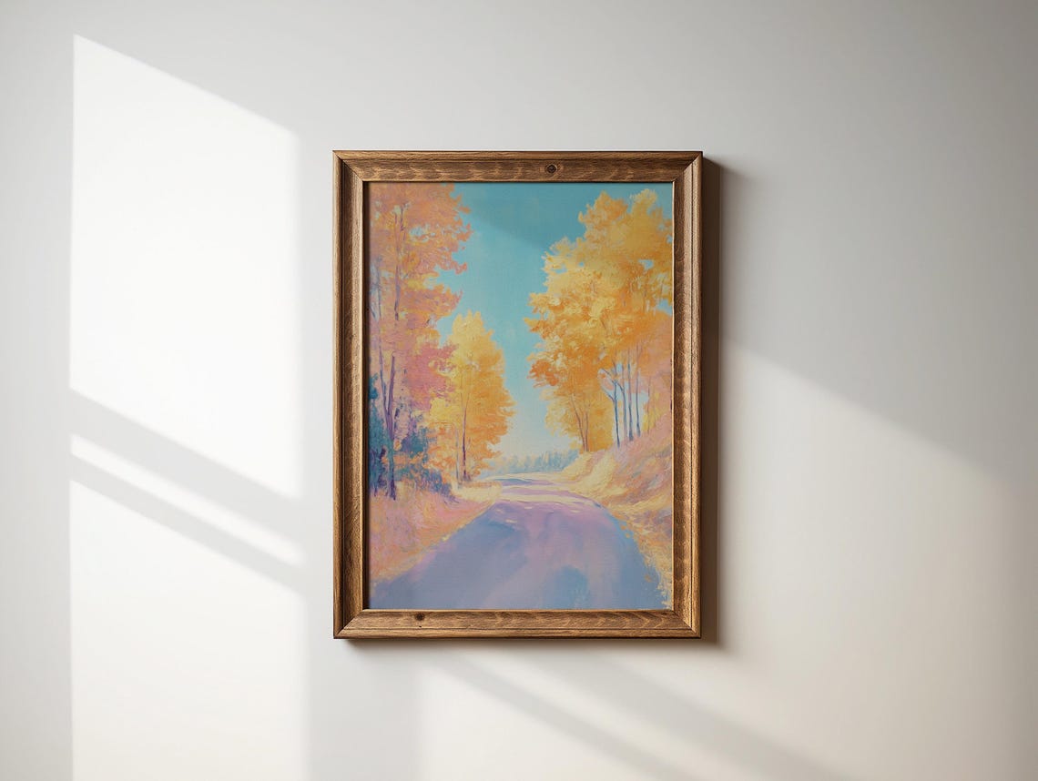 Sunlit Autumn Road Lined with Golden Trees Under Blue Sky Poster - Image 4