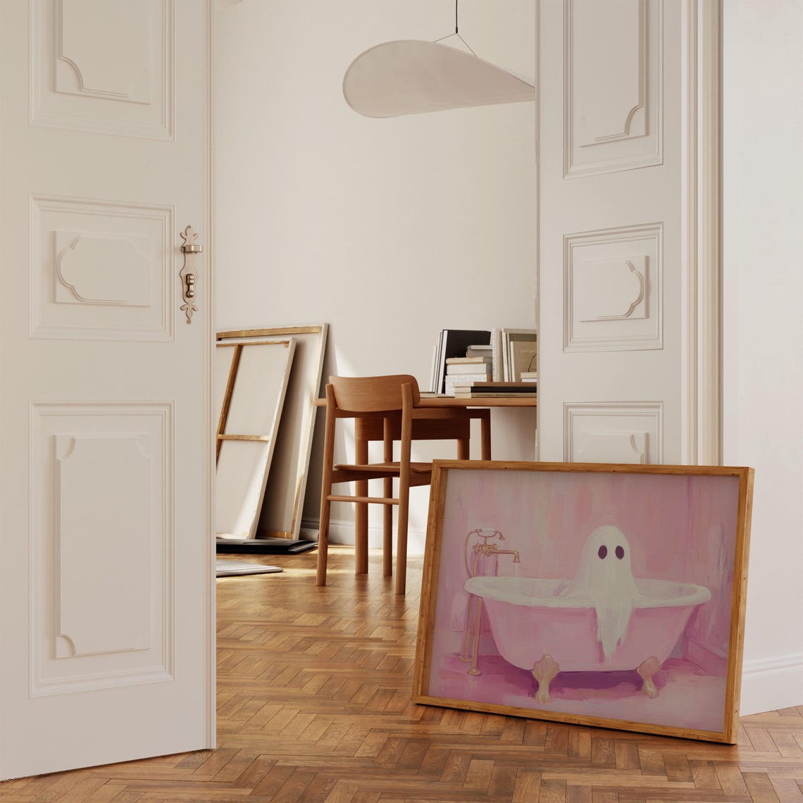 Cute Ghost In Bath Poster Cute Halloween Wall Art Cute Ghost Painting Print Pink Wall Decor - Image 4
