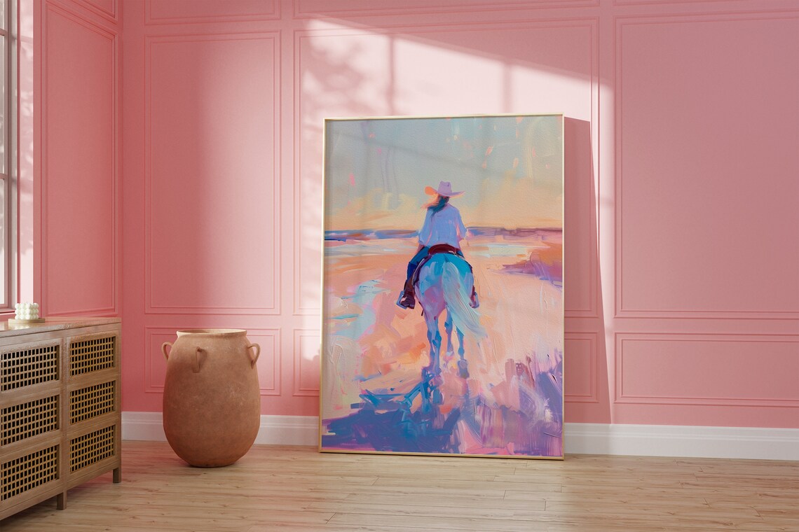Cowgirl on Horseback Riding into a Pastel Beach Sunset Painting Poster - Image 5