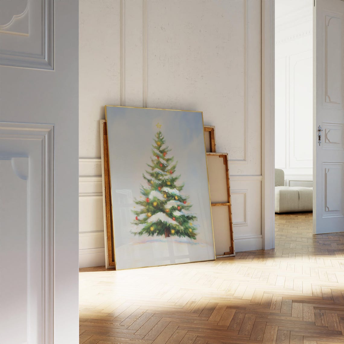 Vintage Christmas Tree Drawing Snowy Branches Red Gold Ornament Poster - Image 4