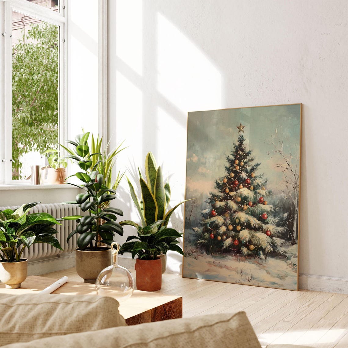 Vintage Christmas Tree Oil Painting Snowy Branches Holiday Wall Poster - Image 2