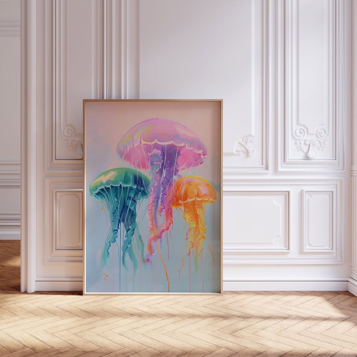 Colorful Jellyfish Trio Neon Ocean Painting Underwater Decor Poster - Image 3