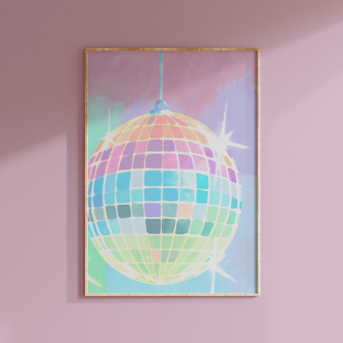 Pastel Rainbow Disco Ball Hanging in Pink Sky Music Party Poster
