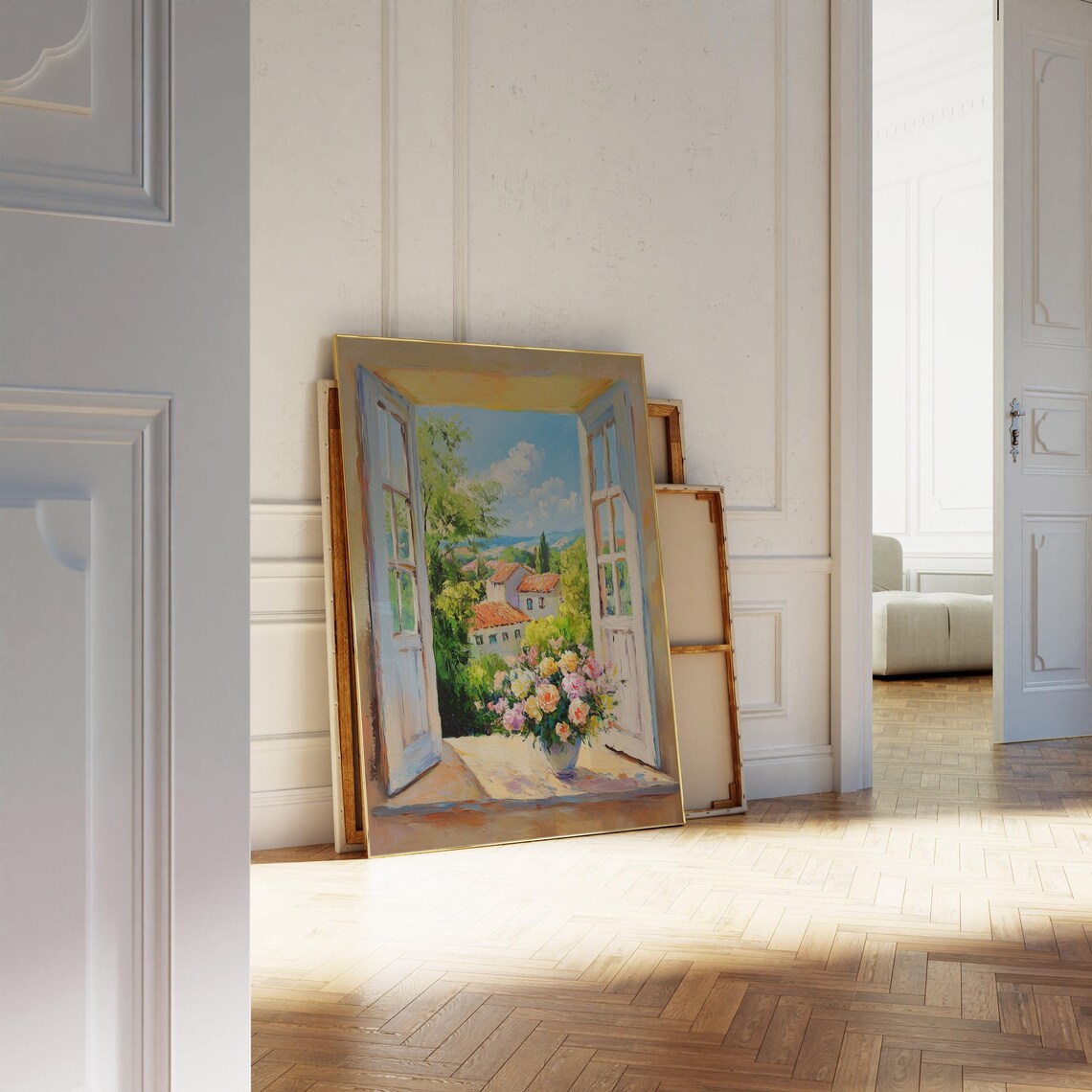 Open French Doors Terracotta Village Flower Bouquet Sunny Travel Poster - Image 2