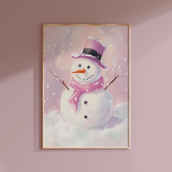 Pink Christmas Snowman Painting Cute Winter Wonderland Holiday Poster