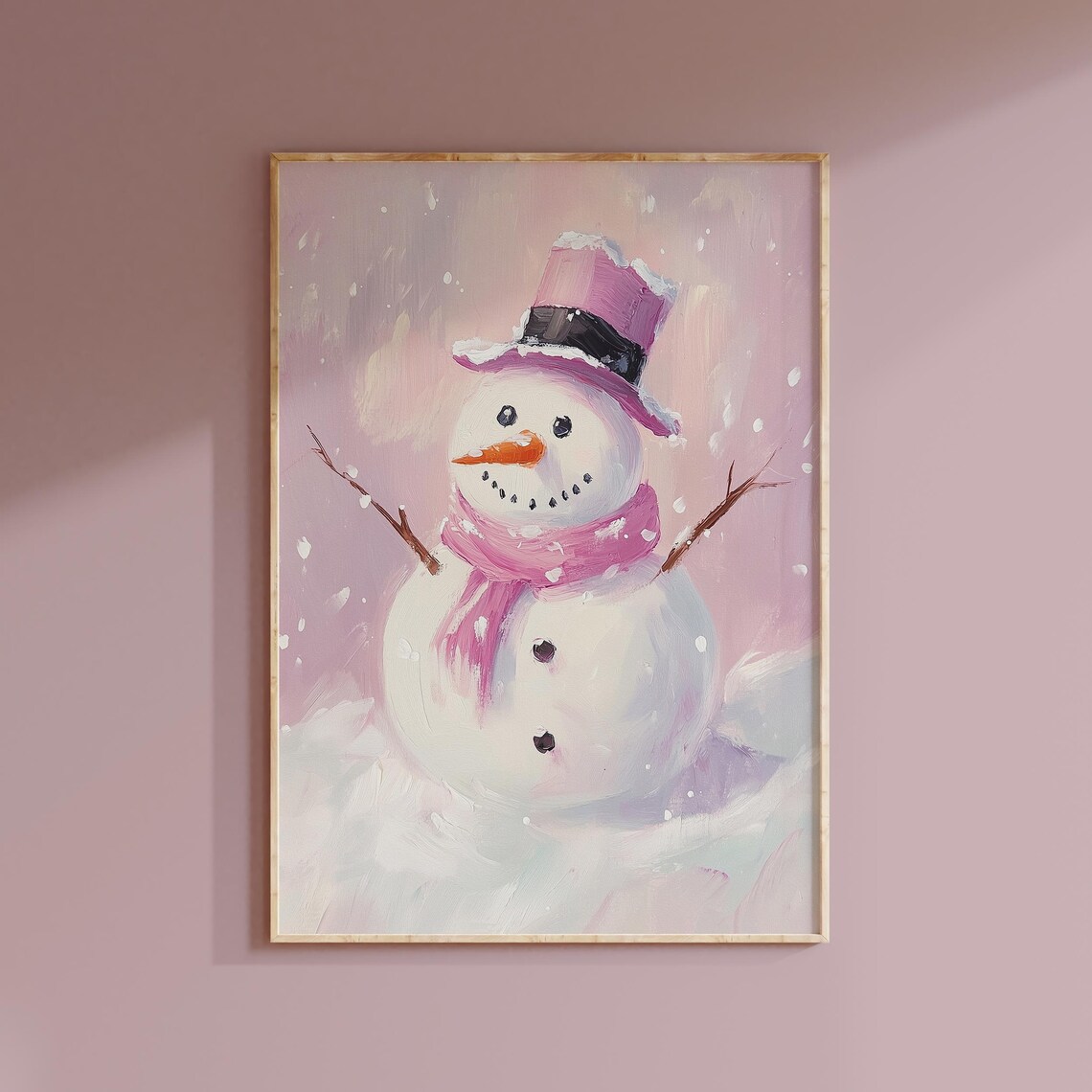 Pink Christmas Snowman Painting Cute Winter Wonderland Holiday Poster