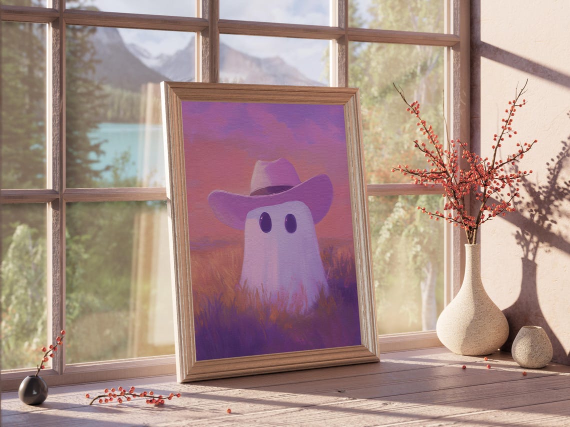 Cowgirl Ghost in a Pink Hat at a Purple Desert Sunset Poster - Image 2