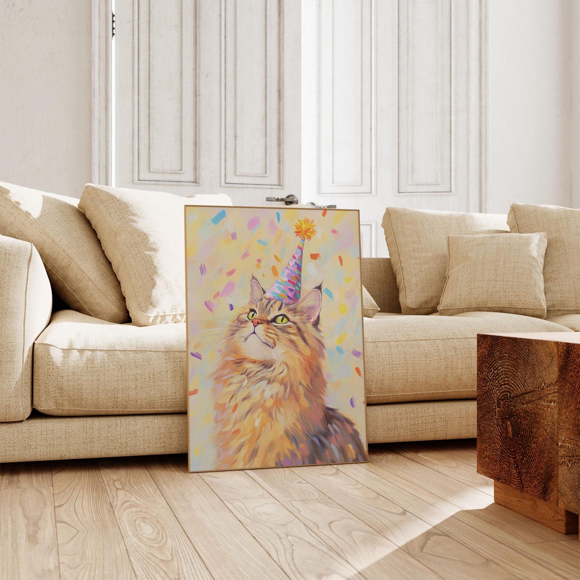 Fluffy Orange Cat Party Hat Confetti Birthday Nursery Kids Room Poster - Image 3