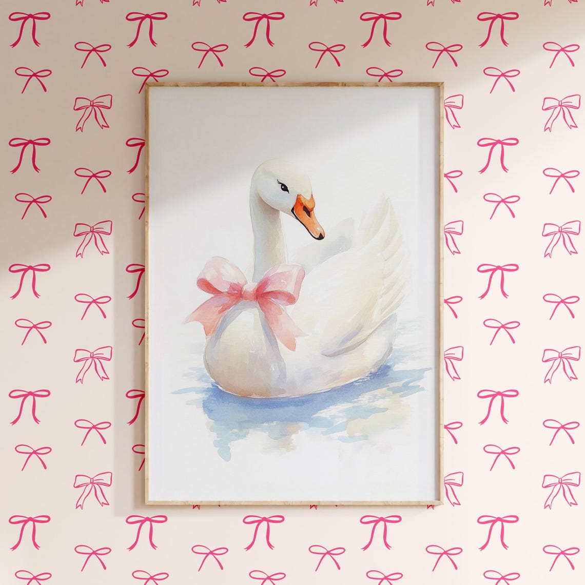 Nursery Swan With Bow Watercolor Painting Kids Room Girly Decor Poster
