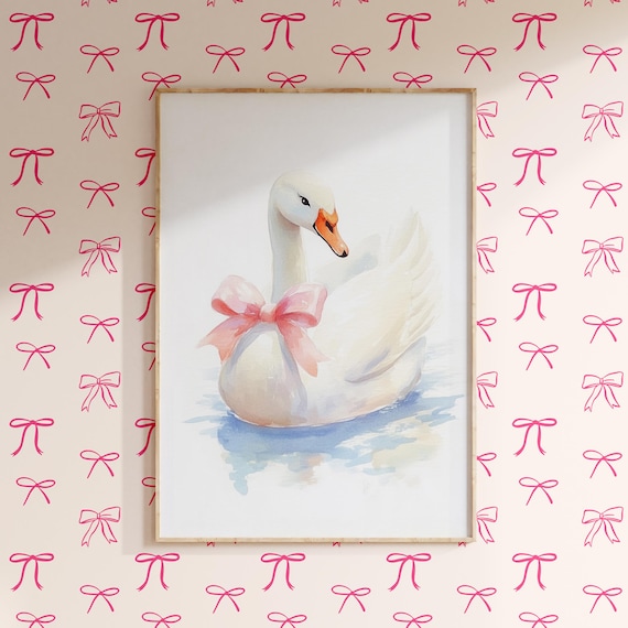 Nursery Swan With Bow Watercolor Painting Kids Room Girly Decor Poster