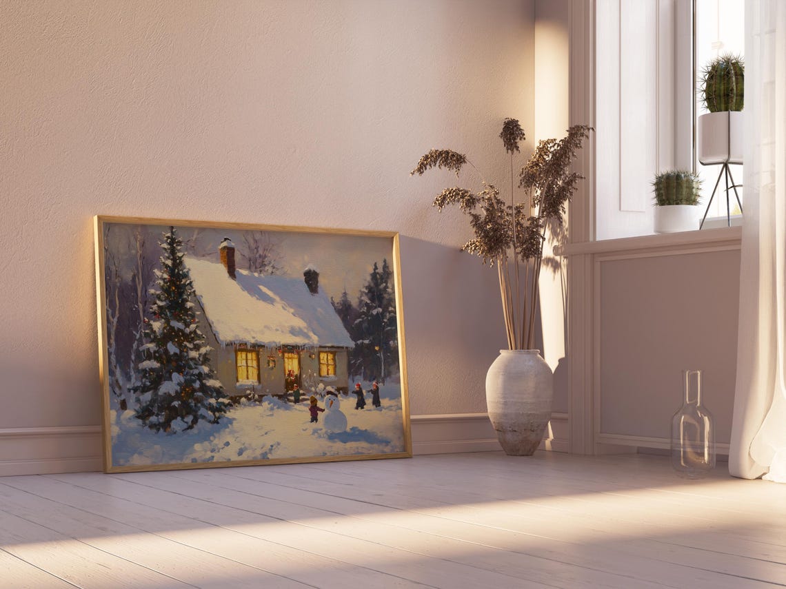 Snowy Cottage at Night with Lit Windows and Snowman Painting Poster - Image 3