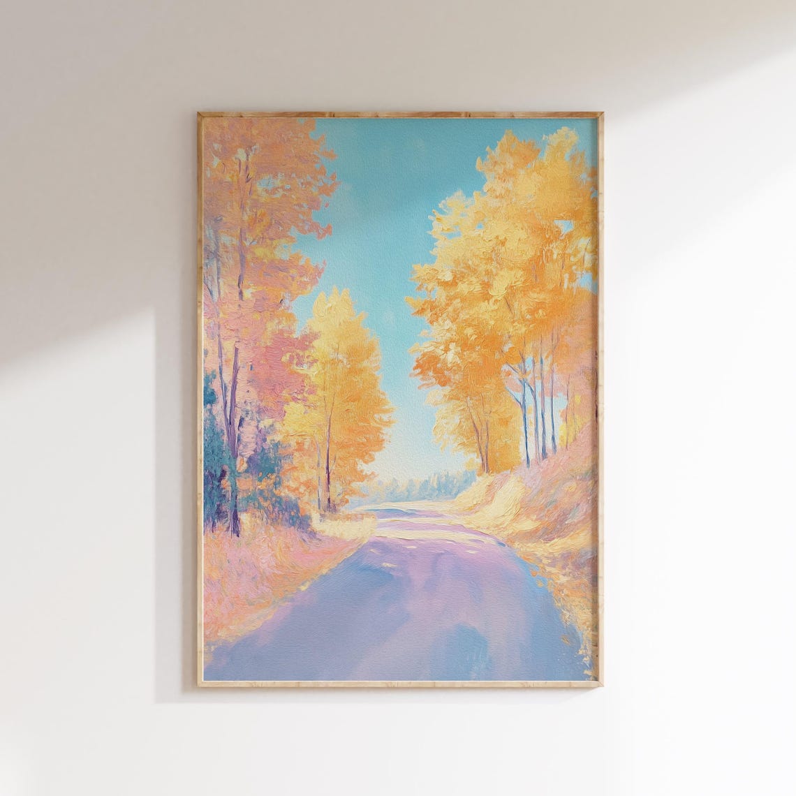 Sunlit Autumn Road Lined with Golden Trees Under Blue Sky Poster - Image 5