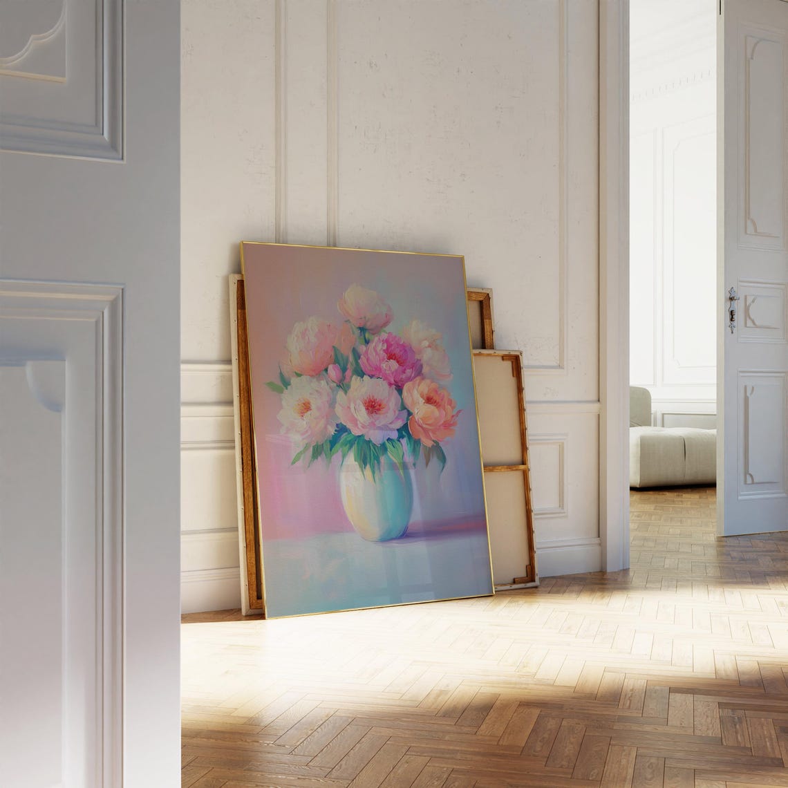 Pink and Peach Peonies in a White Vase Still Life Painting Poster - Image 3