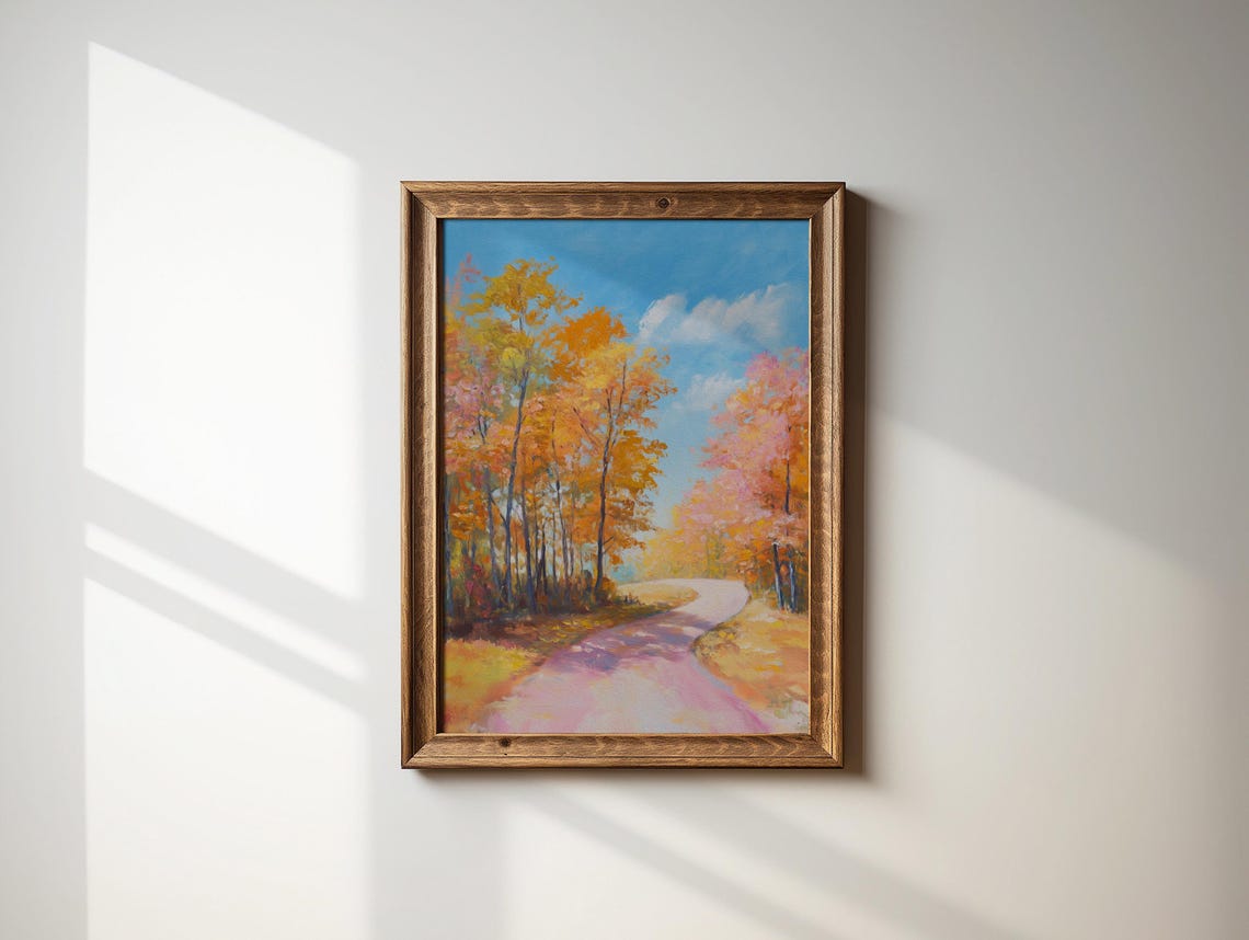 Winding Country Road Through Golden Autumn Forest Painting Poster - Image 2