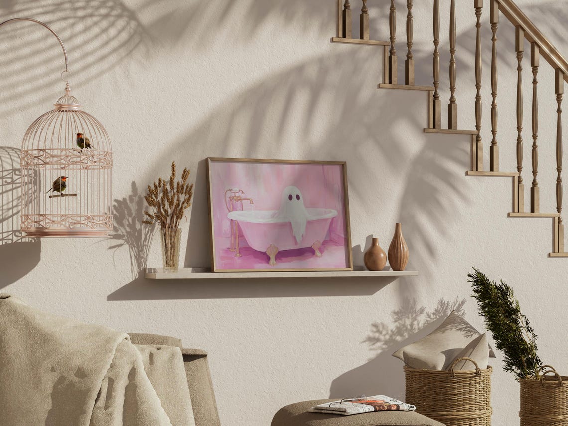 Cute Ghost Relaxing in a Pink Clawfoot Bathtub Painting Wall Art - Image 2