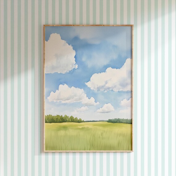 Watercolor Nursery Landscape Blue Sky Meadow Kids Room Wall Poster
