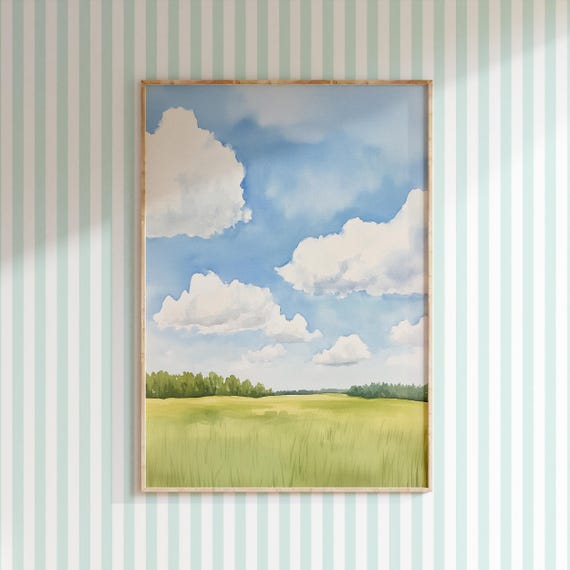 Watercolor Nursery Landscape Wall Art Kids Room Print Blue And Green Children Room Wall Decor Clouds Artwork