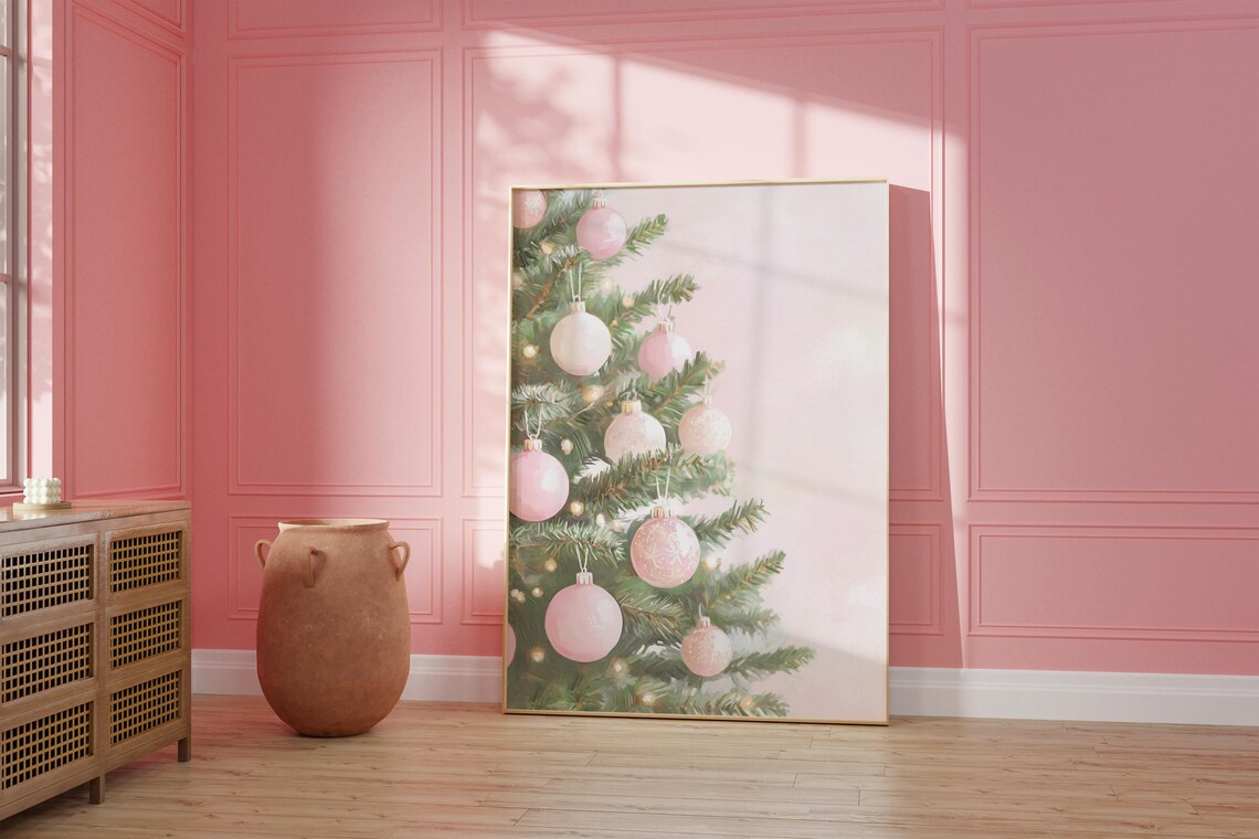 Pink Christmas Tree Ornaments Pastel Baubles Winter Holiday Decor Poster - Image 4
