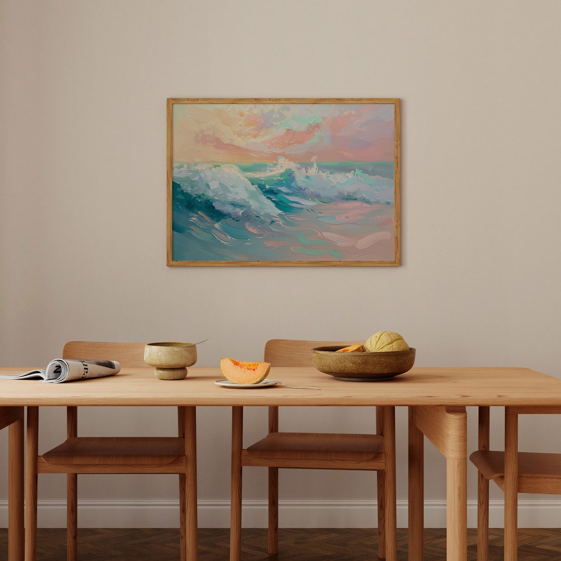 Colorful Abstract Ocean Waves Pastel Beach Painting Horizontal Poster - Image 4