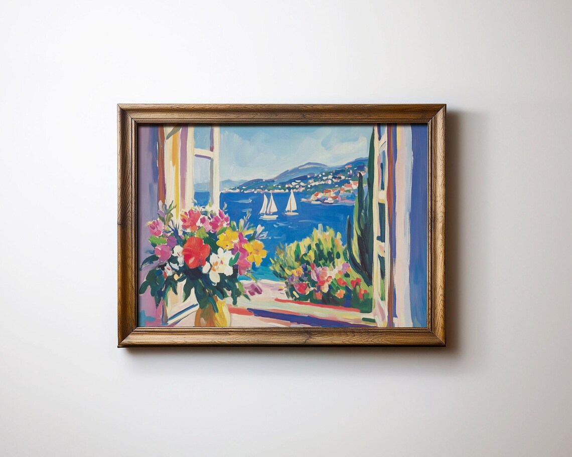 Open Window Mediterranean Coast Sailboats Flower Bouquet Travel Poster - Image 2