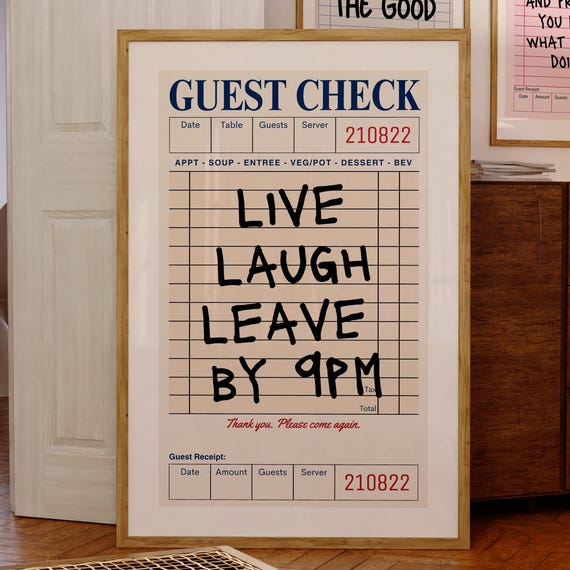Live Laugh Leave By 9pm Print Guest Check Poster Trendy Retro Wall Art Neutral Funny Boho Apartment Decor