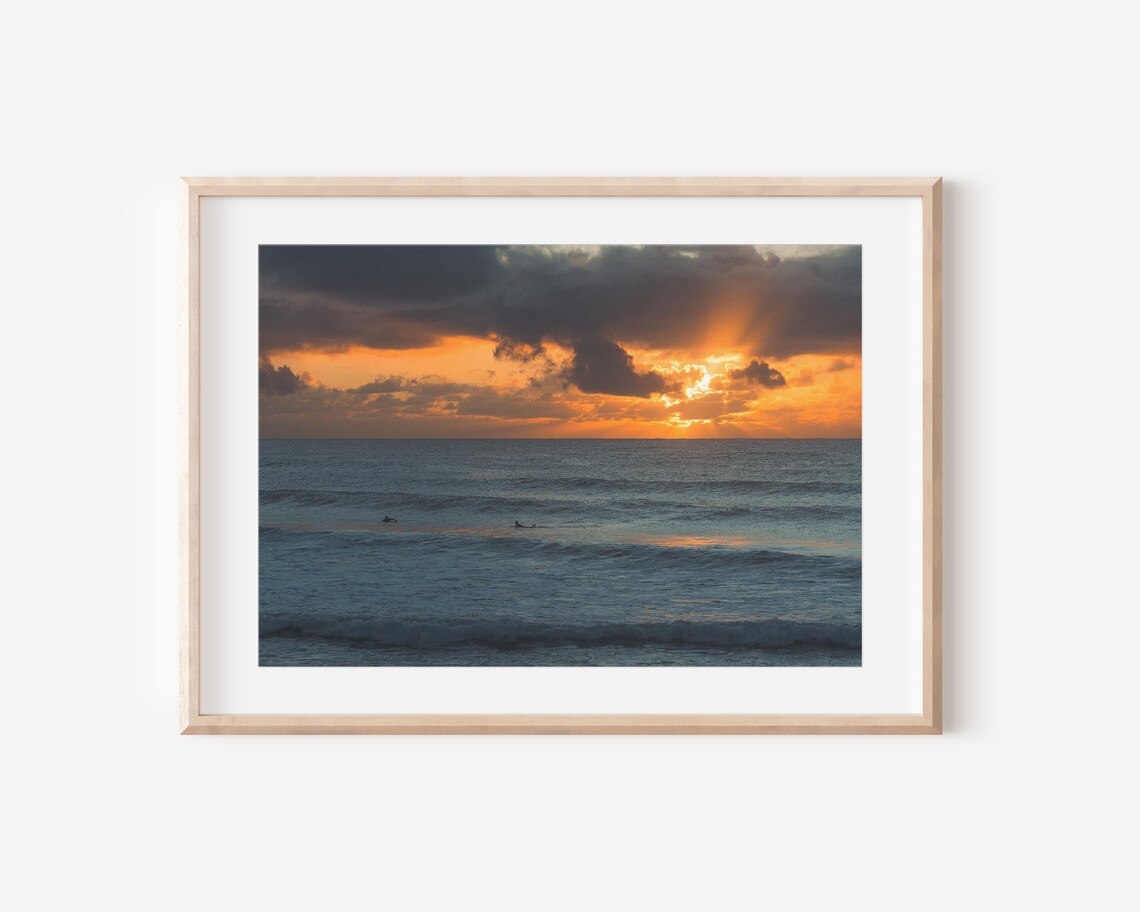 Sunrise Over Ocean Surfers Dramatic Orange Sky Coastal Photo Poster
