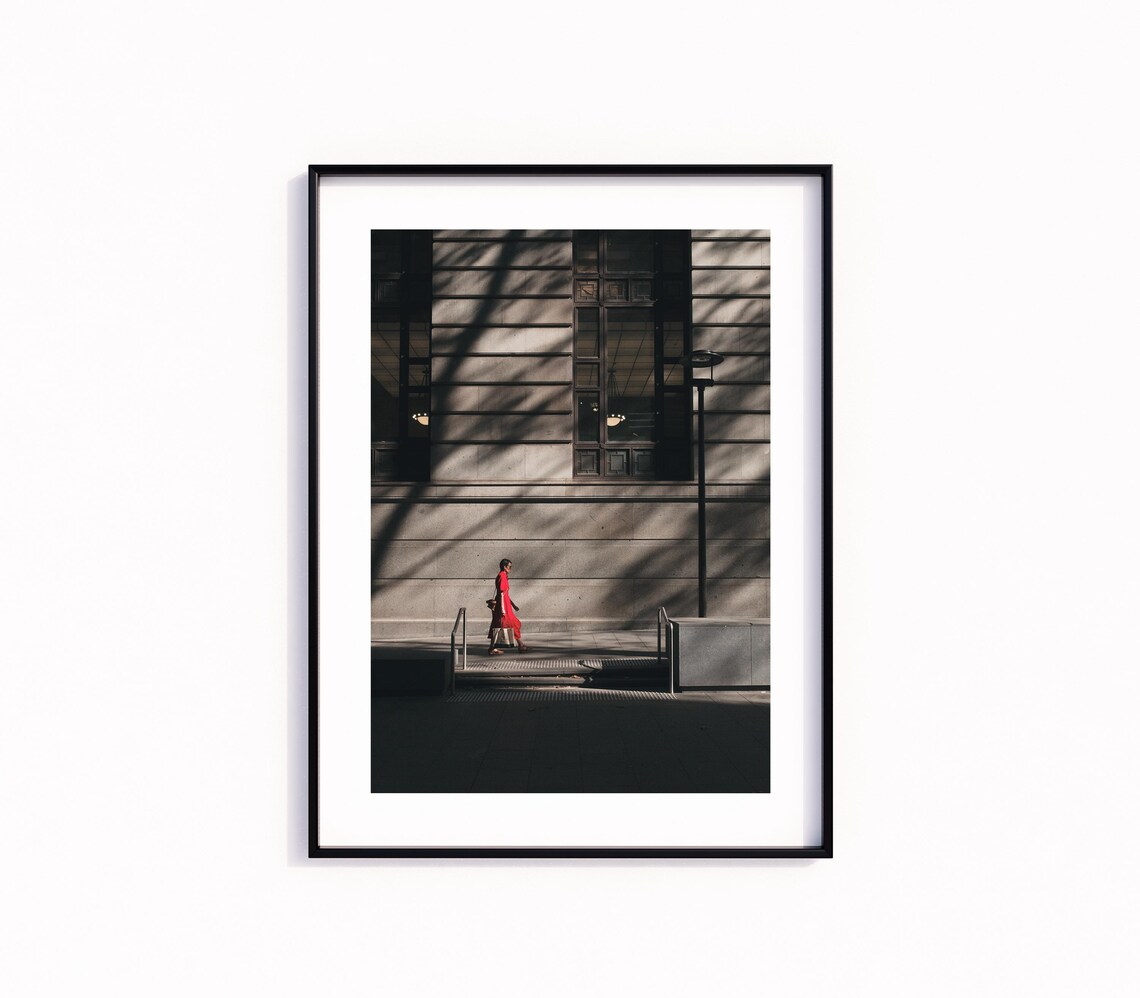 Woman in Red Dress Minimalist Urban Street Photography Print