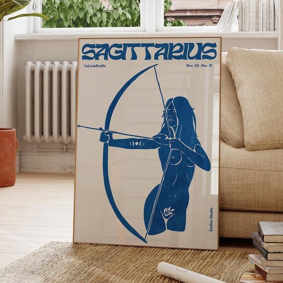 Sagittarius Zodiac Archer Blue Retro Star Sign Astrology Poster