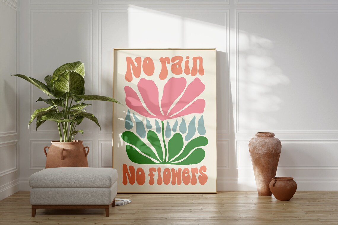No Rain No Flowers Retro Quote Pink Floral Motivational Poster - Image 4