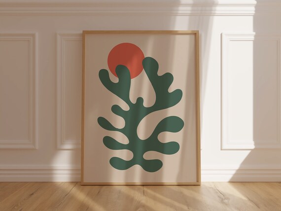 Matisse Style Deep Green Cutout Leaf Red Sun Abstract Art Poster