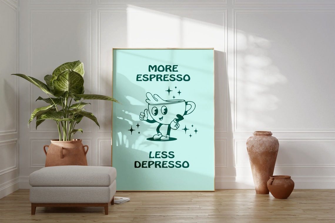 More Espresso Less Depresso Funny Coffee Cup Mascot Quote Poster - Image 4