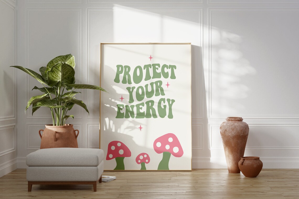 Protect Your Energy Groovy Mushroom Retro Self Care Quote Poster - Image 2