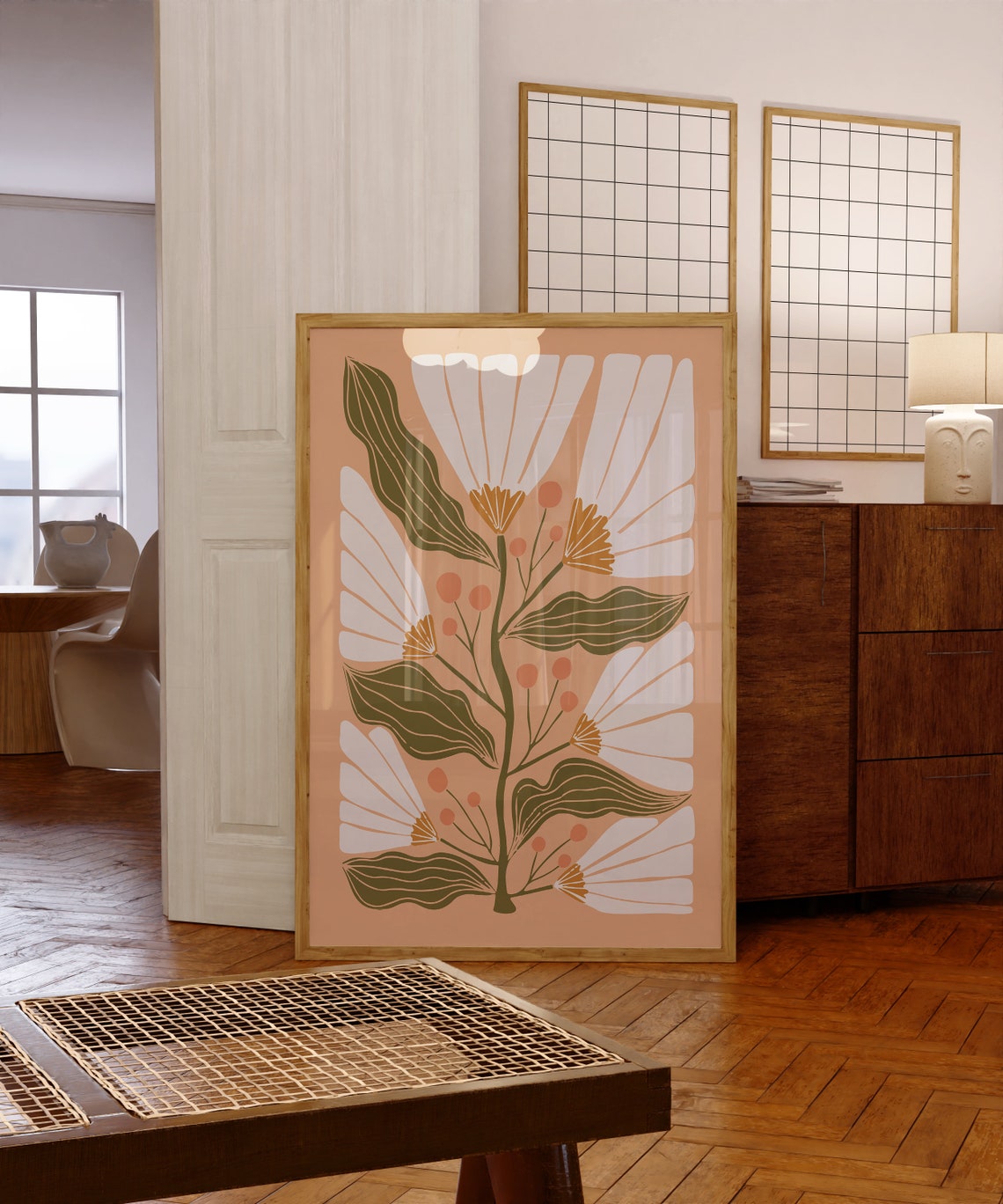 Matisse Style White Floral Botanical Poster on Peach Background - Image 4