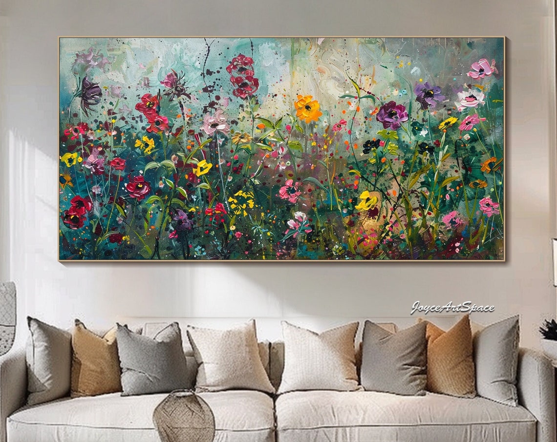 Wildflower Meadow Teal Background Colorful Blooms Impasto Wall Art