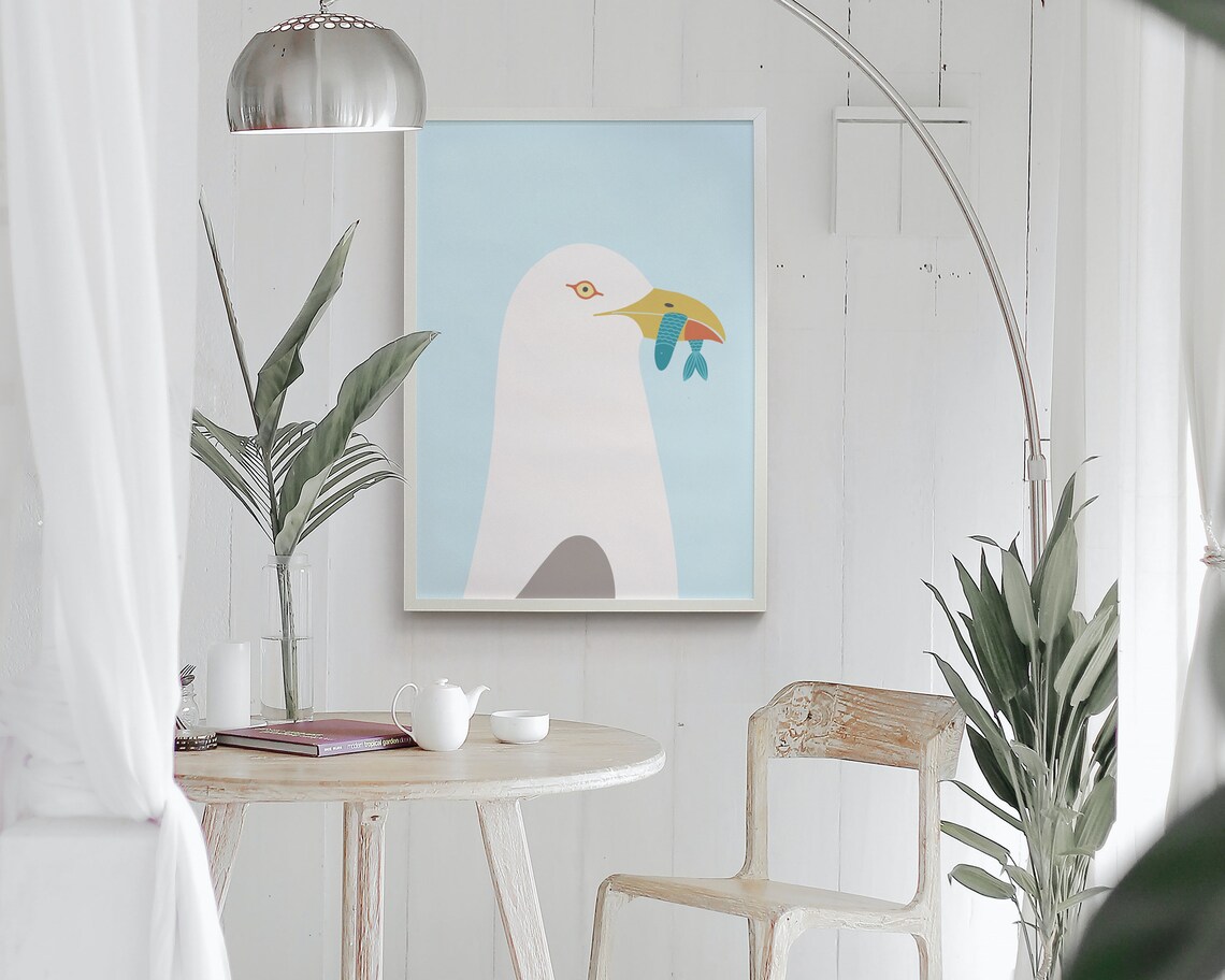 Seagull With Fish Poster, Coastal Nursery Pop Art - Image 2